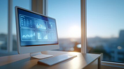 Fototapeta premium Sunlit Office Desk with Floating UI Panels and Data Icons in Background