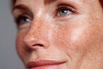 Fototapeta premium A woman with vibrant freckles smiles softly, highlighting her clear skin and bright eyes in a cozy indoor environment