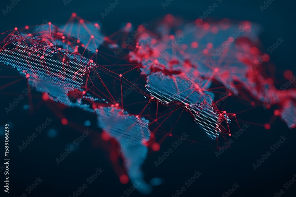 Aufkleber illustration of abstract world map with network connections and digital data transfer