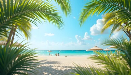 Tropical beach framed by palm leaves. Sunny, idyllic scene