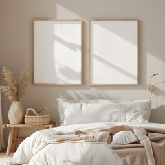 Modern cozy bedroom with two empty photo frames above the pillows, ideal mockup scene for interior designers and digital print sellers