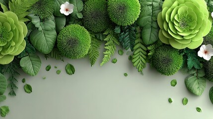 Vibrant green floral design with delicate leaves and blossoms.
