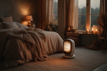 Soft lighting fills a serene bedroom featuring a comfortable bed, decorative blankets, and a space heater on a rug