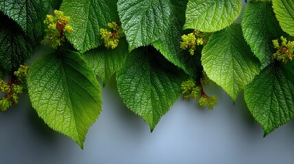 Close-up of vibrant green leaves and small yellow blossoms.