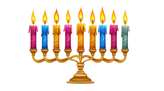 Hanukkah menorah with lit candles, Transparent background, PNG file