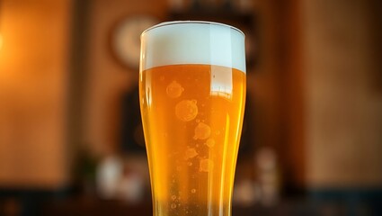 A close up shot of a full glass of beer with a thick white head on a blurred background indoors setting | national 