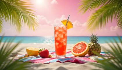 Vibrant pink cocktail on a beach towel