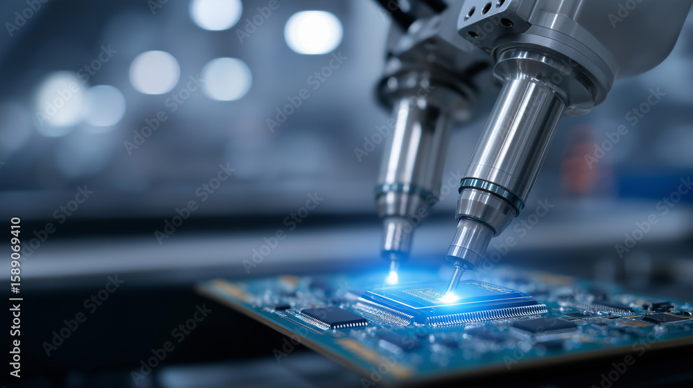 Aufkleber automated robotic arms soldering components on assembly line