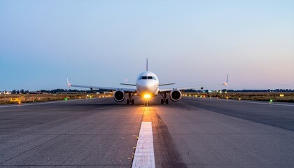 Fototapeta premium Lone Aircraft Taxiing with Illuminated Path at Dusk Under a Clear Twilight Sky