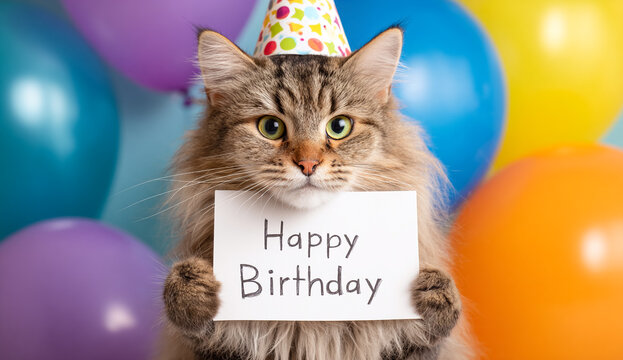 Birthday cat celebrates with colorful balloons. Great for greeting cards, pet-themed marketing, website design.