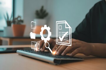 Person's hands typing on keyboard; digital document, gear, and search icons hover above; modern workspace; efficient workflow concept.