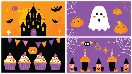 Collage of halloween themed images featuring a haunted house, ghosts, pumpkins, cupcakes and other spooky elements
