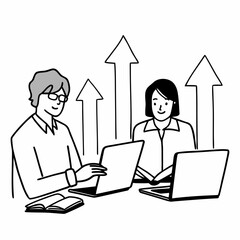 Minimalist line art of a mentor coaching a young entrepreneur, sitting with notebooks and laptops, arrows and progress icons in background, simple outline