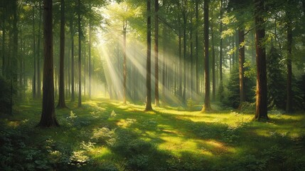 Fototapeta premium Sunbeams through a lush, green forest path.