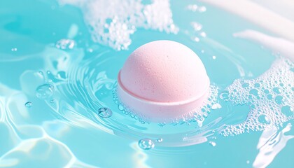 Pink Bath Bomb Floating in Aqua Blue Water Surrounded by Bubbles