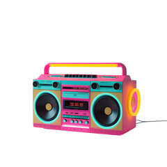 
Neon Dream Boombox: A Vibrantly Colored Retro Stereo with Glowing Lights, Isolated and Ready to Party