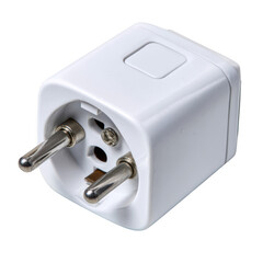 White universal travel adapter plug with metal pins and socket isolated on transparent background