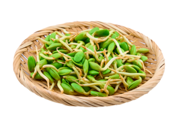 closeup heap of nitta tree or parkia timoriana sprout cutout in bamboo tray