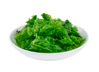 closeup heap of green laver ulva lactuca or sea lettuce seaweed cutout in white ceramic bowl
