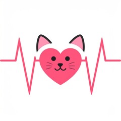 Pink Heart Shaped Cat Head Within A Heartbeat Line On White Background