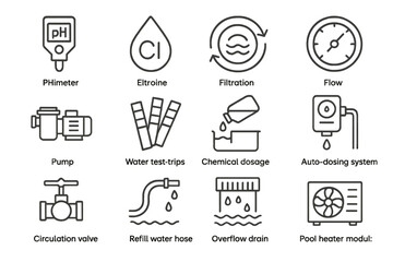 Pool maintenance icons: ph, filtration, flow, pump, chemical dosage