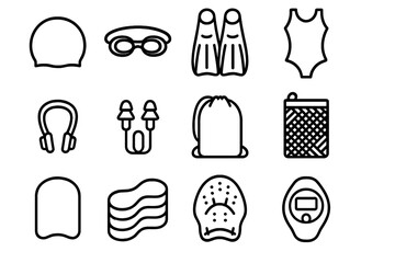 Swimming gear icons: cap, goggles, fins, swimsuit, earplugs, stopwatch, bag, sponge