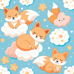 Adorable cartoon foxes sleeping peacefully on fluffy clouds with golden stars in a cute blue sky illustration