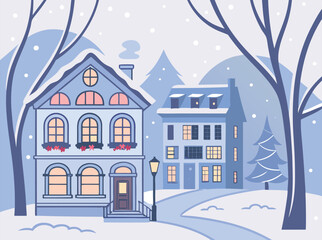 Cozy winter cityscape with snow and holiday lights. Stylized cartoon vector in soft pastel blues and whites