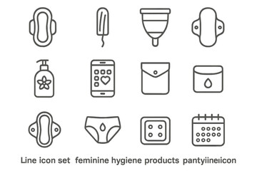 Line icons of feminine hygiene products including menstrual cup and pads