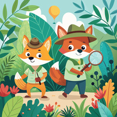 Fototapeta premium Adorable fox explorers journeying through a lush and colorful forest with a magnifying glass perfect for kids illustrations