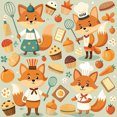 Adorable illustration of cartoon fox chefs preparing treats in a playful and delightful cute animal pattern for kids.