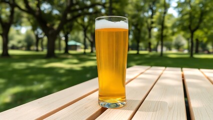 A glass of lager on a wooden picnic table in a park on a sunny day with trees in the background | national 