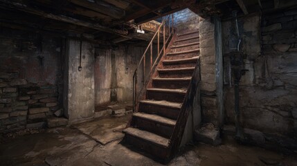 Stunning photo of abandoned basement with rusty staircase.