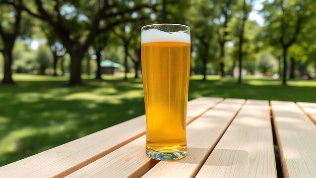 A glass of lager on a wooden picnic table in a park on a sunny day with trees in the background | national 