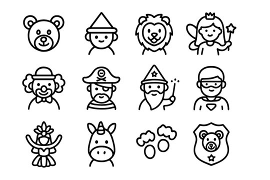 Icon set: fairy tale characters - bear, clown, wizard, unicorn, fairy