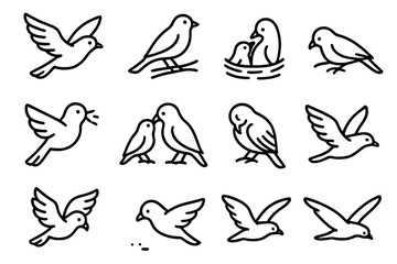 Set of 12 bird icons on dark background: flying, nesting, perched