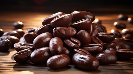 Pile of roasted coffee beans on a wooden surface.