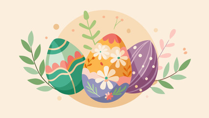 Three decorated easter eggs with floral and polka dot patterns surrounded by green leaves and branches