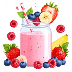 Pink Smoothie In Glass Jar With Straw And Assorted Fruits Arrangement Including Strawberries Blueberries and Raspberries