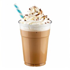 Iced Coffee Dessert with Whipped Cream Chocolate Sprinkles and a Blue Striped Straw on White