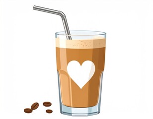 Iced Coffee Pixel Art With White Heart And Silver Straw on White Background with Scattered Coffee Beans
