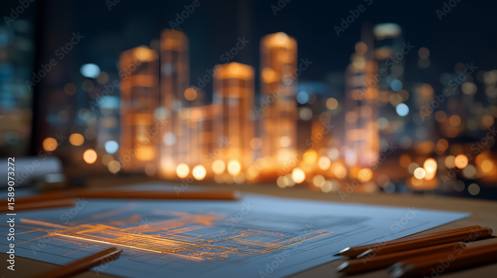 Poster architectural drafting table with blueprints and skyscraper wireframes