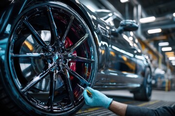 A person meticulously details a car wheel, showcasing the gloss and craftsmanship in an auto shop setting during daylight