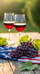 Two glasses of red wine with grapes and american flag on a wooden table