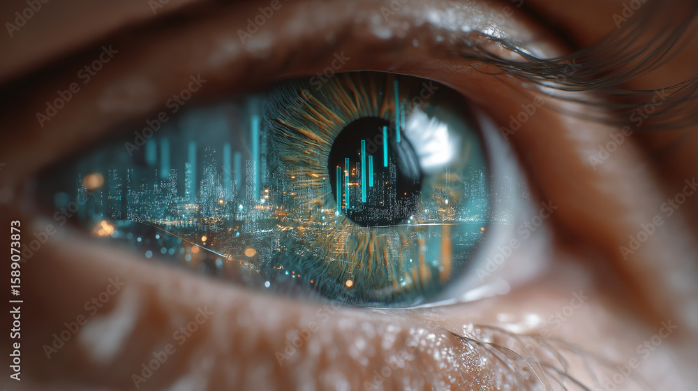 Poster futuristic eye with cityscape data streams and analytics graphs