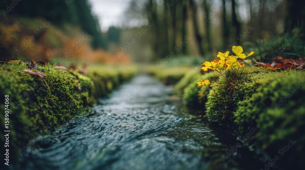 Poster a close-up view of a small stream flowing through a moss-covered forest floor with a small yellow pl