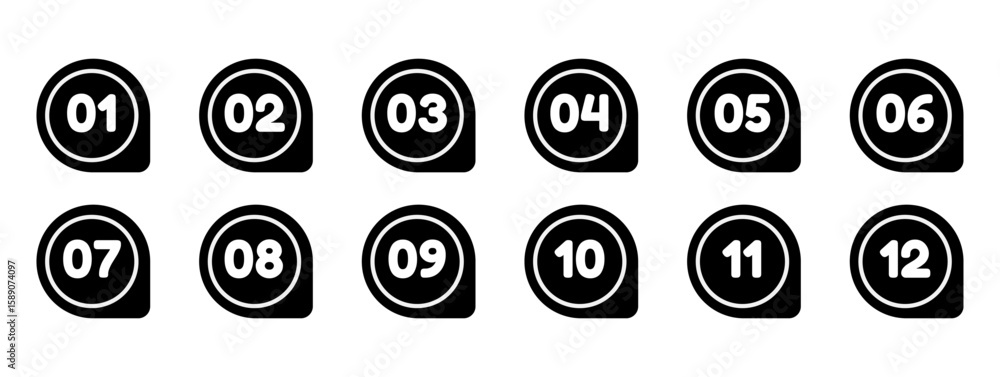 Poster bullet point, circle number font icon. set of round numbers from 1 to 12. flat icons set in abstract