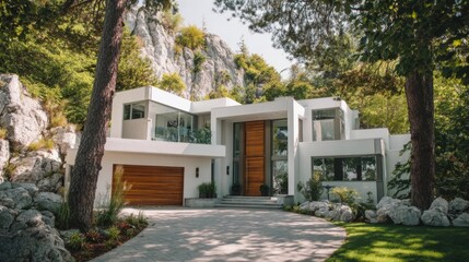 Fototapeta premium Modern luxury house with large windows surrounded by trees and rocky landscape.