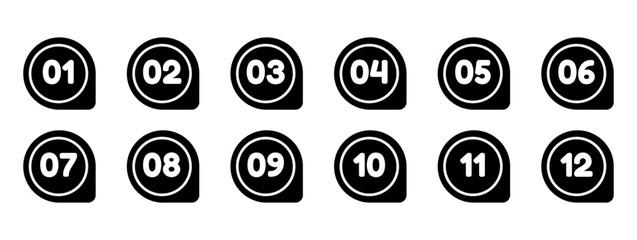 Bullet Point, Circle Number Font Icon. Set of round numbers from 1 to 12. Flat icons set in abstract round shape, editable stroke, isolated on white, linear vector outline, symbol
