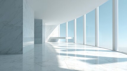 Obraz premium Bright modern interior space with large floor-to-ceiling windows and natural light.